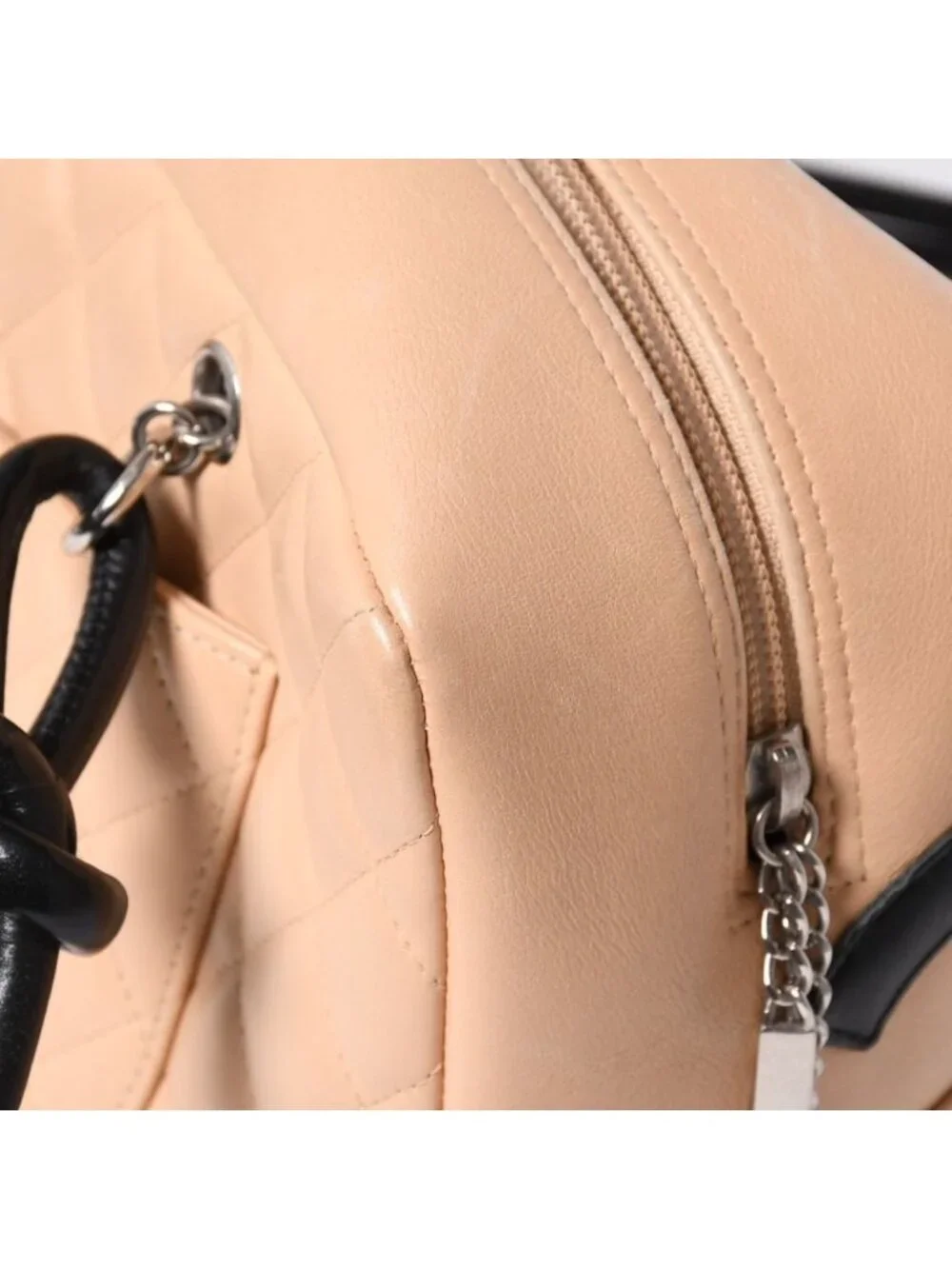 Chanel Cambon Line Bowling Bag Lambskin Beige Black CC Logo Silver